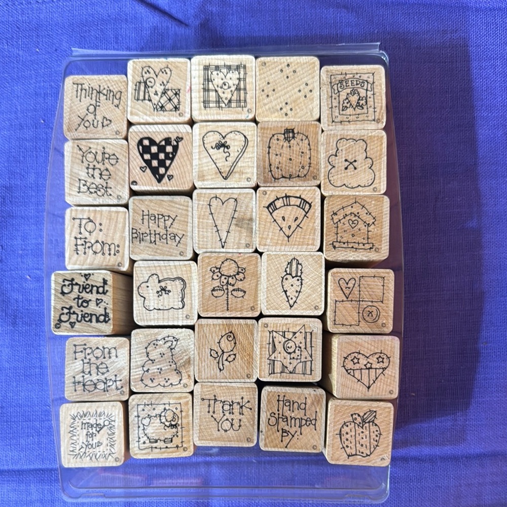 Wooden Rubber Stamp Set with Heart and Flower Designs